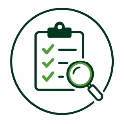 Clipboard showing checklist with magnifying glass.